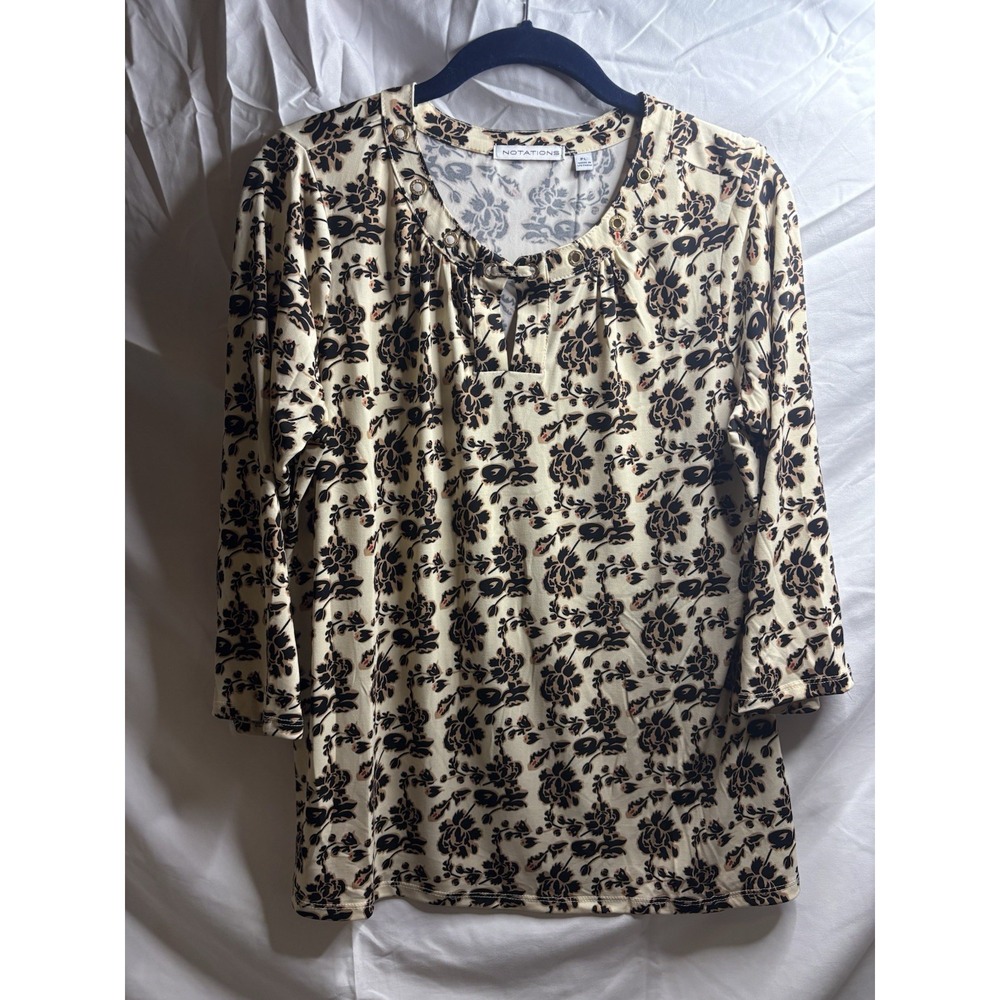 Notations Women Blouse Top L Beige Floral 3/4 Sleeve Key Hole Neck Pullover